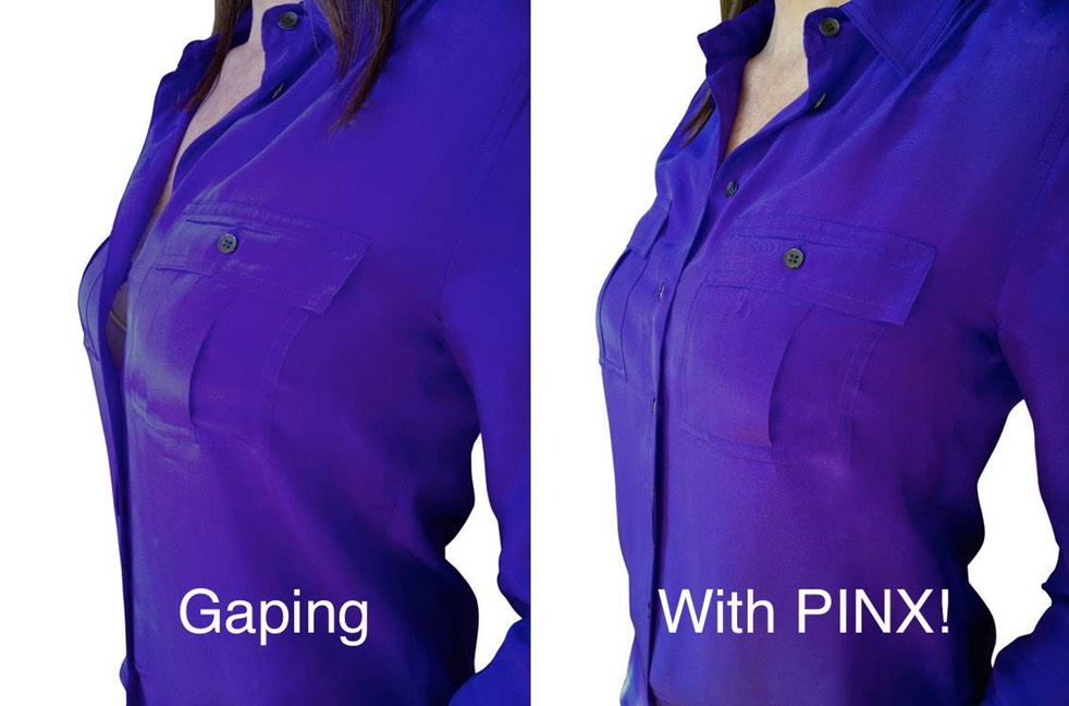 blue shirt before with a gaping shirt and after with a perfectly flat placket. 