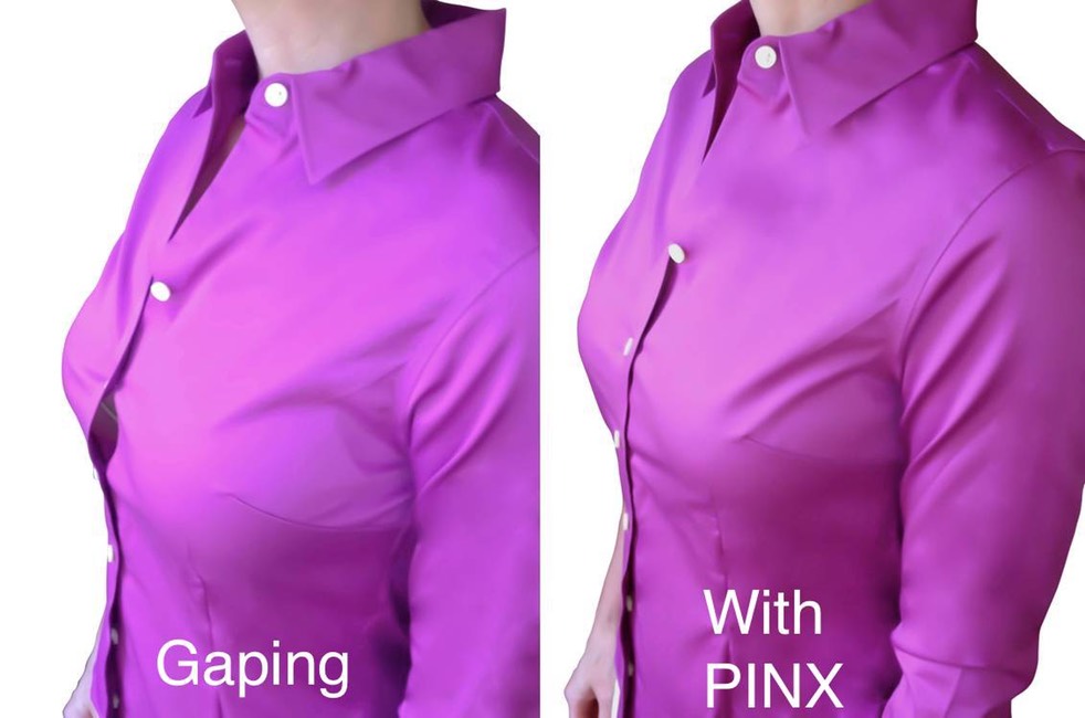 purple shirt before with a gaping shirt and after with a perfectly flat placket. 