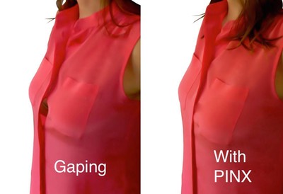 red shirt before with a gaping shirt and after with a perfectly flat placket. 