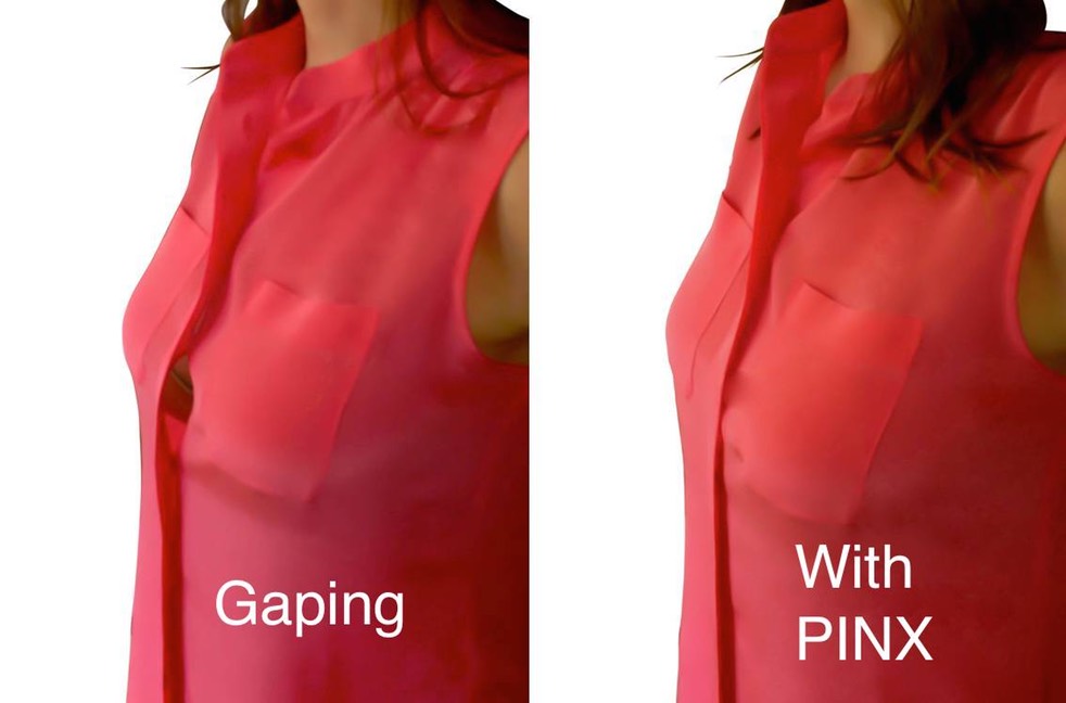red shirt before with a gaping shirt and after with a perfectly flat placket. 